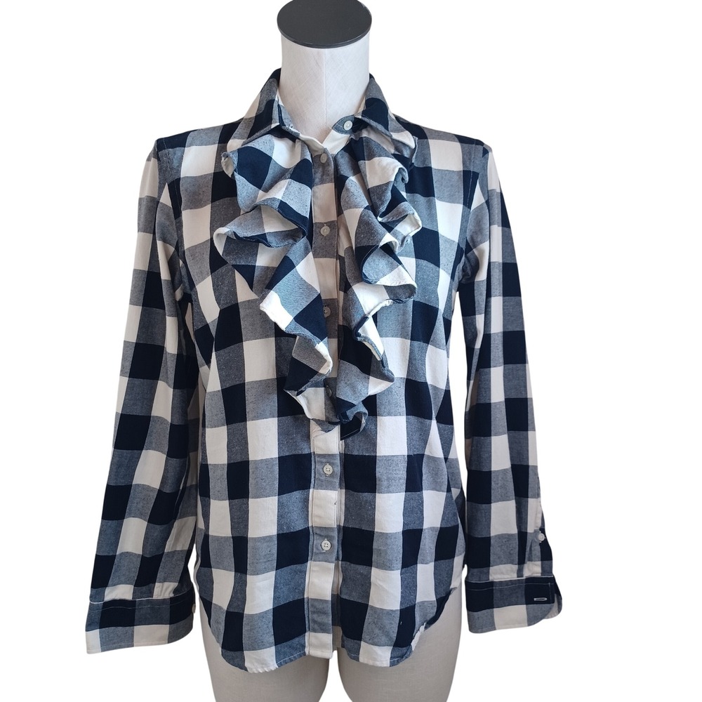 Lauren Ralph Lauren Black Tan Buffalo Check Ruffle Front Button Down Shirt Med